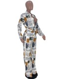 Fall Fashion Newspaper Print Button Up With Belt Loose Jumpsuit