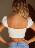 Summer Sexy White Bubble Short Sleeve Square Neck Zipper Crop Top
