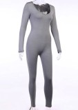 Fall Sexy Gray U-Neck Long Sleeve Fitted Jumpsuit