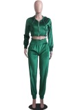 Fall Sports Green Velvet Zip Crop Hoodies And Sweatpants Set
