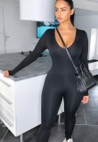 Fall Sexy Black U-Neck Long Sleeve Fitted Jumpsuit