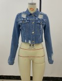 Fall Blue Pocket Button Turndown Collar Long Sleeve Ripped Jeans Jacket