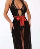 Summer Sexy Black Lace Hollow Out With Red Belt Slit Long Dress