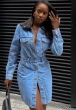 Fall Fashion Blue Button Open Long Sleeve Jeans Midi Dress