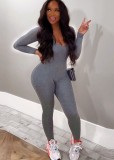 Fall Sexy Gray U-Neck Long Sleeve Fitted Jumpsuit