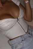 Summer Sexy White Bubble Short Sleeve Square Neck Zipper Crop Top