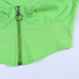 Summer Sexy Green Bubble Short Sleeve Square Neck Zipper Crop Top