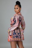 Fall Print Retro Long Sleeve Blouse And Pleated Skirt Set
