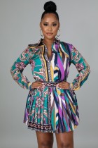 Fall Print Retro Long Sleeve Blouse And Pleated Skirt Set