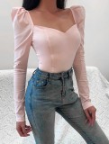 Fall Sexy White Sweetheart Neck Bubble Sleeve Top