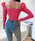 Fall Sexy Pink Sweetheart Neck Bubble Sleeve Top