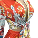 Fall Sexy Retro Floral Print Long Sleeve Tied Blouse And Matched Pants Set