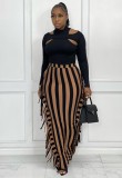 Fall Khaki Hollow Out Tight Top and Stripes Fringe Long Skirt Set
