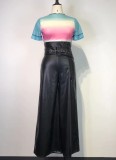 Fall Trendy Black High Waist Wide-Leg Pu Leather Trousers With Belt