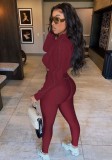 Fall Casual Red Puff Long Sleeve With Hoody Crop Top And Line Legging Tracksuit