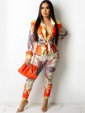 Fall Sexy Retro Floral Print Long Sleeve Tied Blouse And Matched Pants Set