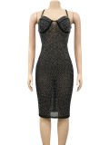 Fall Sexy Black Beaded Straps Backless See Through Club Dress
