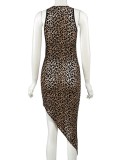 Fall Sexy Leopard Round Neck Keyhole Sleeveless Irregular Club Dress