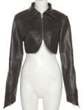 Fall Sexy Brown Pu Leather Zip Crop Jacket