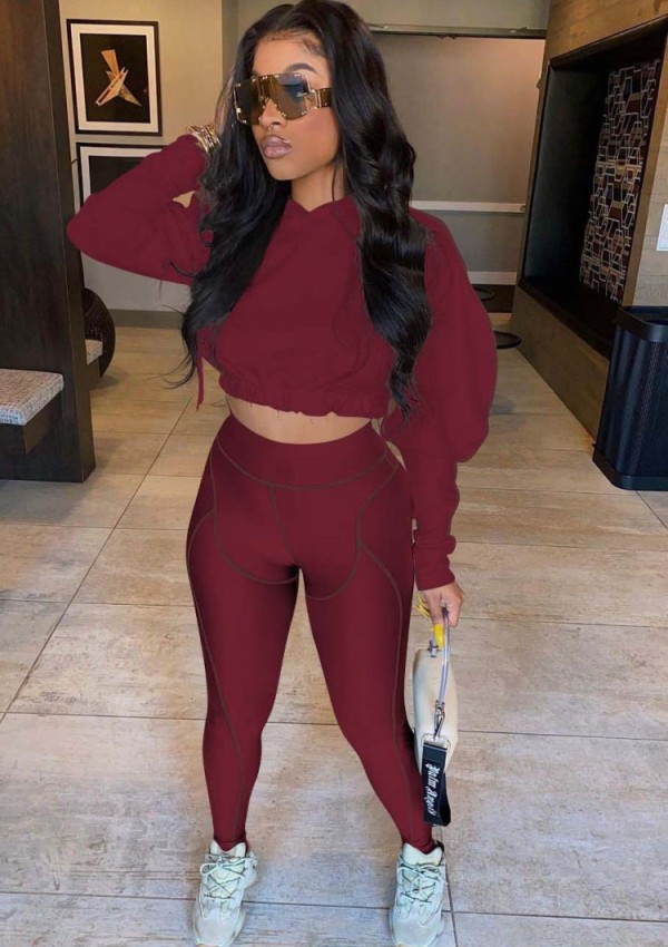 Fall Casual Red Puff Long Sleeve With Hoody Crop Top And Line Legging Tracksuit