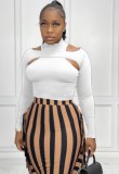 Fall White Hollow Out Tight Top and Stripes Fringe Long Skirt Set