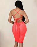 Fall Sexy Red Beaded Straps Backless See Through Club Dress