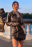 Fall Sexy Brown Pu Leather Zip Crop Jacket