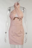 Fall Fashion Pink Bandage Collar Sleeveless Midi Dress