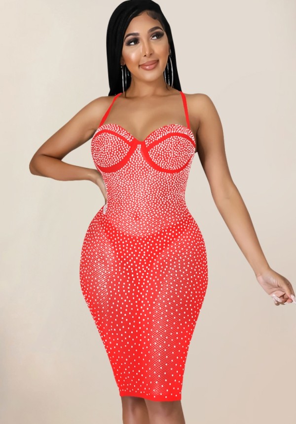 Fall Sexy Red Beaded Straps Backless See Through Club Dress