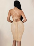 Fall Sexy Apricot Beaded Straps Backless See Through Club Dress