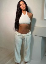 Fall Sexy White Fleece Crop Top And Loose Pant Set