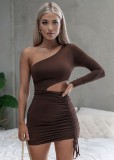 Fall Sexy Hollow Out One Shoulder Ruffles Tie Midi Dress