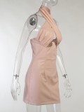 Fall Fashion Pink Bandage Collar Sleeveless Midi Dress