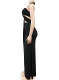 Fall Sexy Black Halter Neck Tube Hollow Out Evening Dress