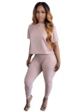 Fall Trendy Pink Pu Leather Basic Short Sleeve Top And High Waist Skinny Pants Set
