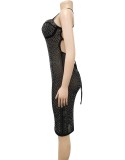 Fall Sexy Black Beaded Straps Backless See Through Club Dress