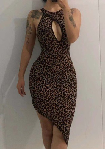 Fall Sexy Leopard Round Neck Keyhole Sleeveless Irregular Club Dress