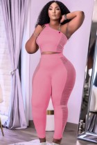 Herbst Pink Mesh Patch Enges One Shoulder Crop Top und High Waist Pants 2PC Set