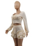 Autumn Beige Square Crop Top and Ruffle Shorts 2PC Set
