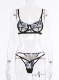 Erotic Black and Blue Floral Bra and Panty Lingerie Set