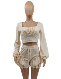 Autumn Beige Square Crop Top and Ruffle Shorts 2PC Set