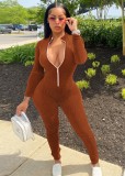 Winter Brown Ribbed Zip Up Fitting Bodycon Jumpsuit