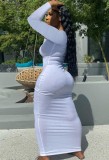 Autumn White Ribbed Sexy Long Bodycon Dress with Full Sleeves