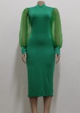 Autumn Formal Green Puff Sleeve Elegant Midi Dress