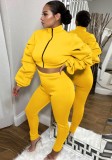 Winter Yellow Puff Sleeve Zipped Crop Top and Matching Pants 2PC Set