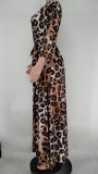 Autumn Plus Size Print Leopard Wrap Long Maxi Dress with Matching Belt