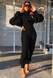 Autumn Formal Black Puff Sleeve Top and Matching Pants 2PC Suit