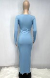 Autumn Sky Blue Ribbed Sexy Long Bodycon Dress with Full Sleeves