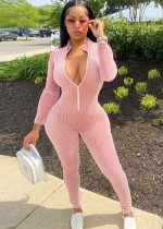 Winter Pink Ribbed Zip Up Fitting Bodycon Jumpsuit