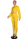 Winter Yellow Puff Sleeve Zipped Crop Top and Matching Pants 2PC Set